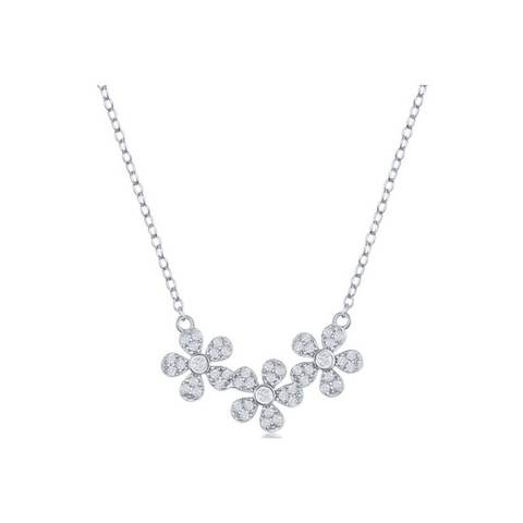 triple cz flower necklace in Sterling Silver