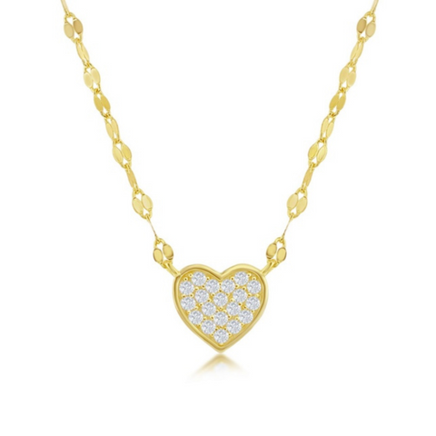 Vermeil over sterling silver mirrored chain with  a cz pave heart pendant.    This necklace is choker length and can be extended to 17 inches.